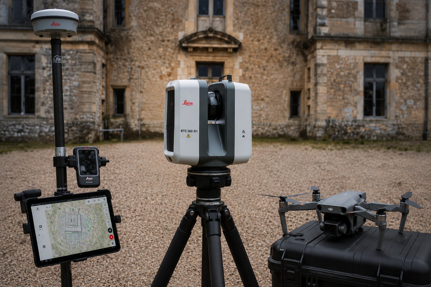 Le matériel de relevé de l'agence Tryana Scan sur site : scanner laser Leica sur trépied, canne GNSS et drone DJI devant un château.