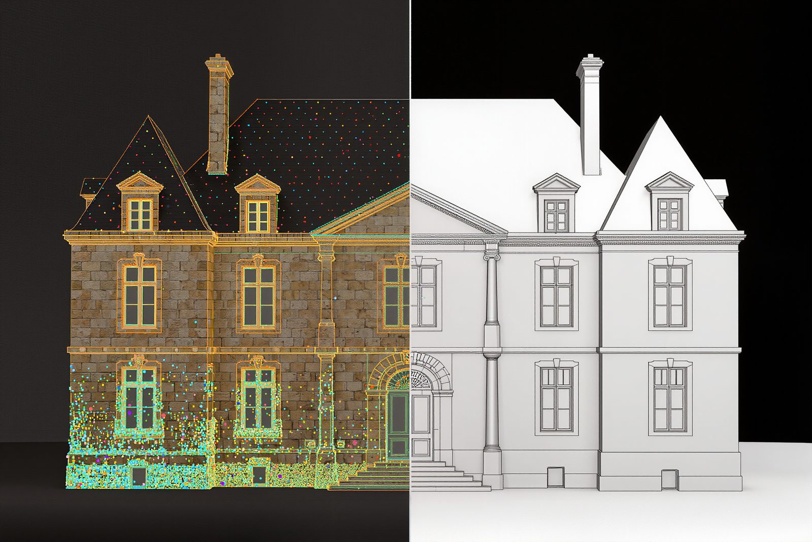 Moitié nuage de points, moitié maquette BIM blanche : la modélisation scan-to-BIM construite sur le relevé.