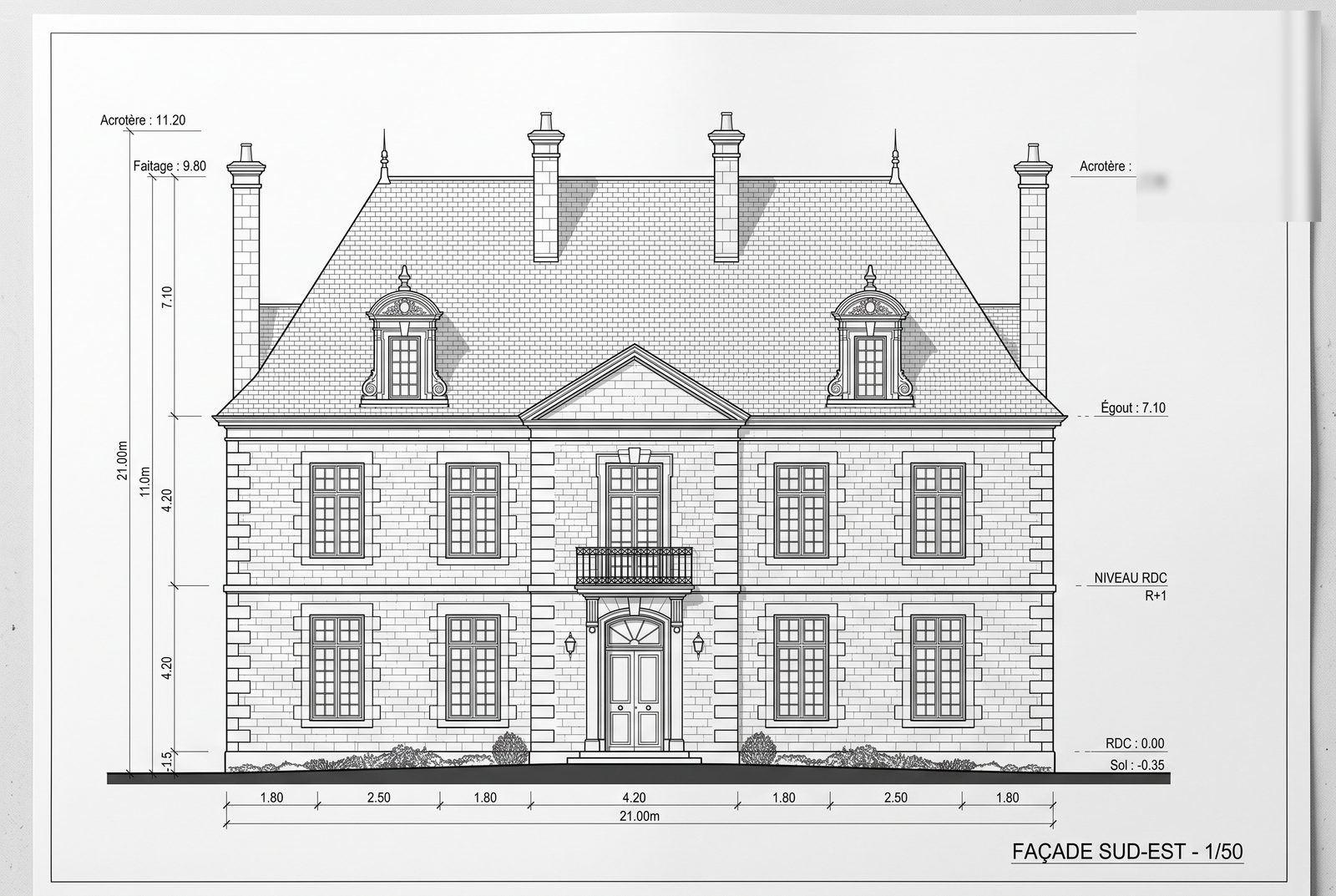 Élévation 2D cotée d'une façade de manoir, plan d'architecte extrait du nuage de points.