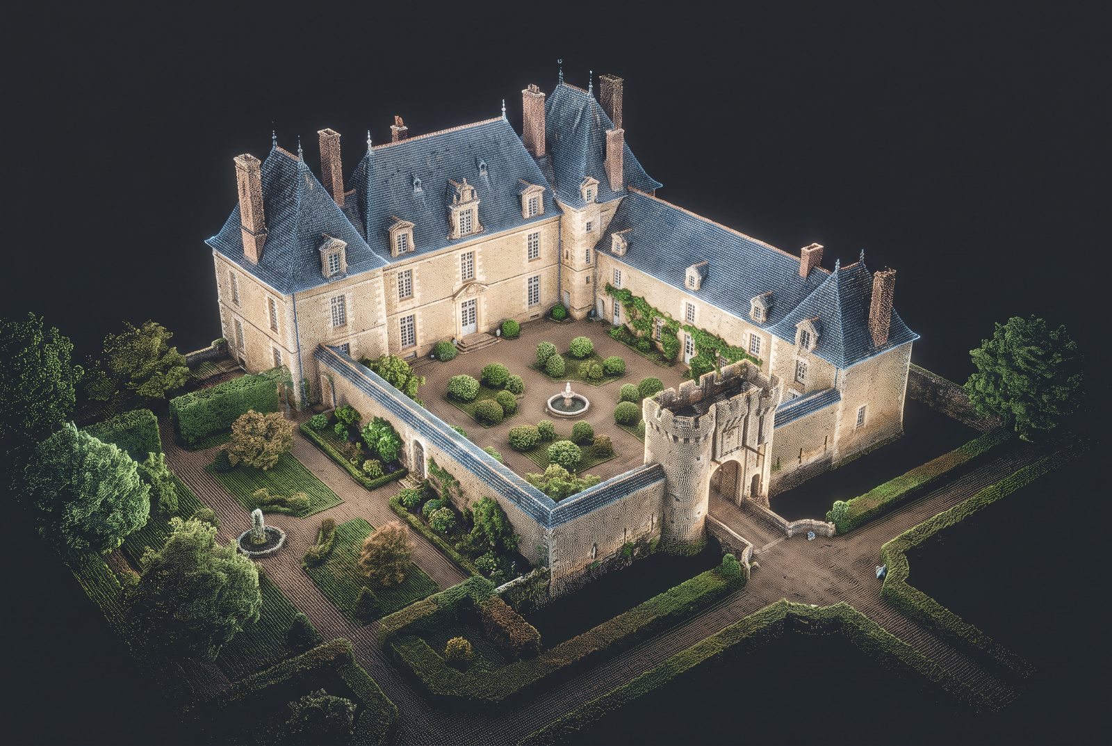 Manoir et sa cour vus du ciel en relevé 3D : le jumeau numérique de référence du patrimoine bâti.