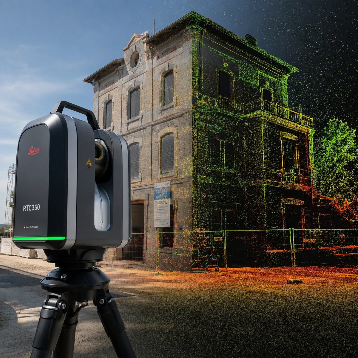 Scanner laser Leica sur trépied devant un bâtiment, avec son relevé en nuage de points.