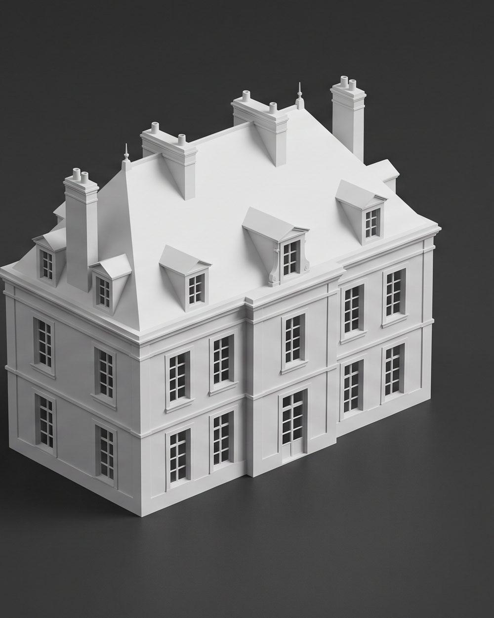 Maquette BIM LOD 300 : chaque élément modélisé précisément, menuiseries, lucarnes et corniches comprises.