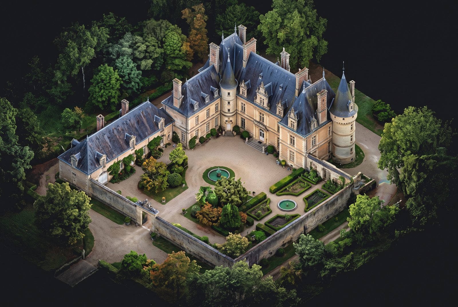 Manoir et son parc vus du ciel en nuage de points colorisé : le jumeau numérique de référence du bâti.