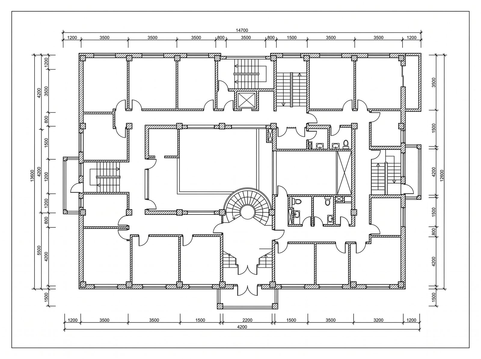 Plan de niveau coté en dessin CAD noir sur blanc, extrait d'un relevé scanner laser.
