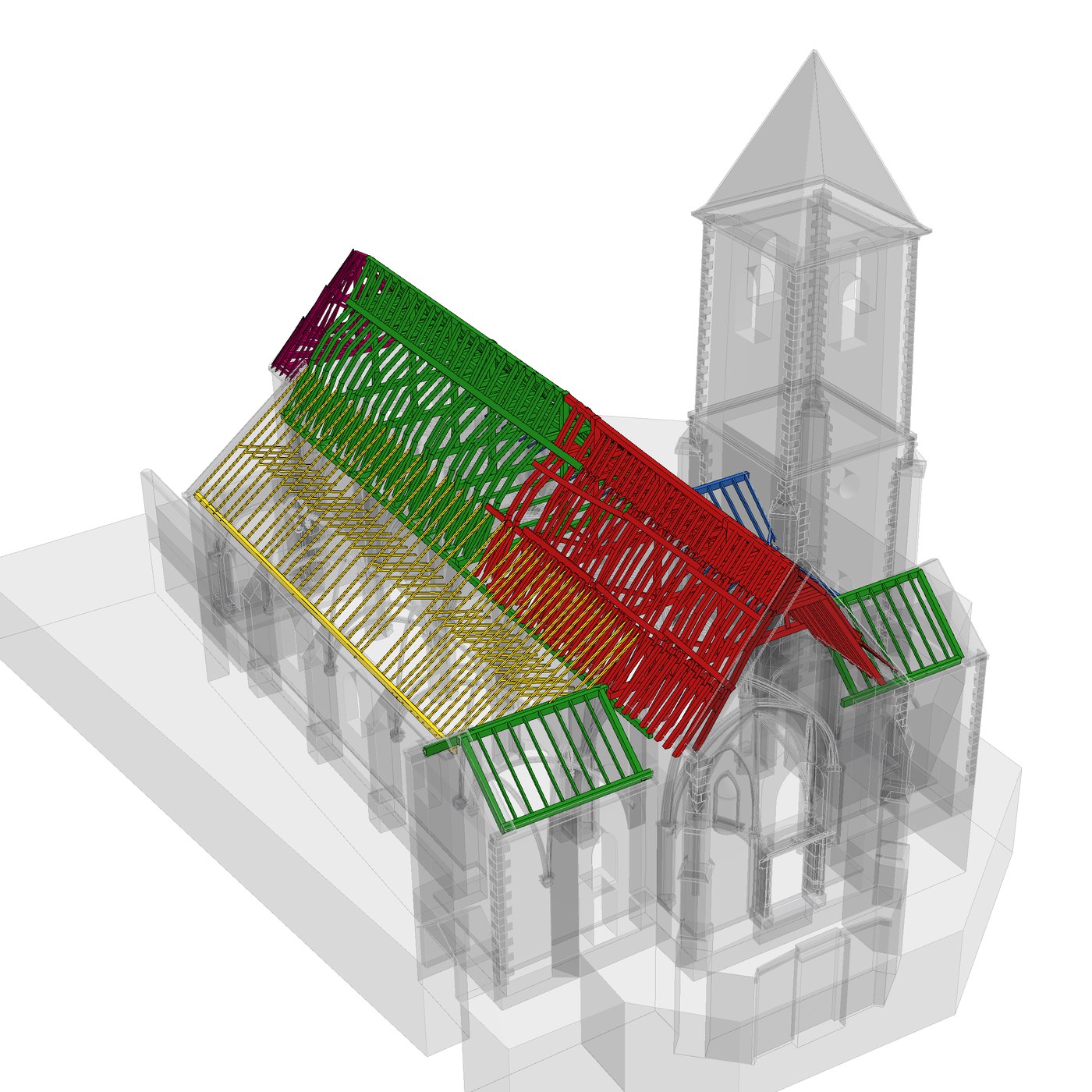 Relevé 3D de la charpente d'une église, document de référence pour un dossier de restauration du patrimoine.